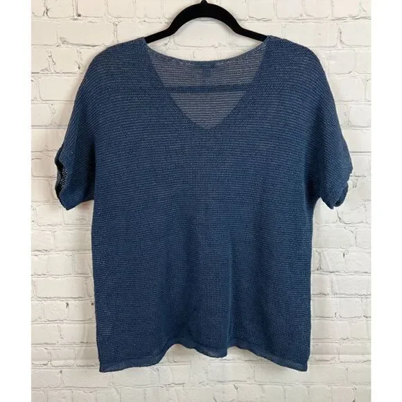 J.JILL blue semi-sheer short sleeve cotton blend top sweater pullover M NWOT - Picture 6 of 6